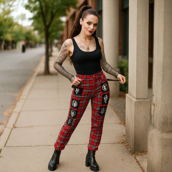 Long Clothing Red Tartan Clip Pants Punk Patch Buckle Straps Y2K Streetwear S - Picture 1 of 10